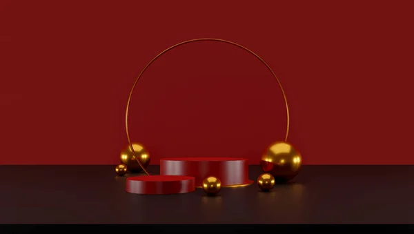 Geometrik Formların Olduğu Küçük Sahne Silindir Kırmızı Podyum Altın Top — Stok fotoğraf