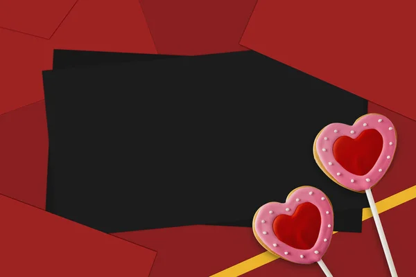 Gelukkig Valentijnsdag Concept Hartvormige Koekjes Rode Achtergrond Ruimte Voor Tekst — Stockfoto