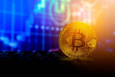 Bitcoin altın sikke klavye ve grafikte yumuşak odaklı ve arka planda ışık üzerinde. şifreleme para birimi kavramı.