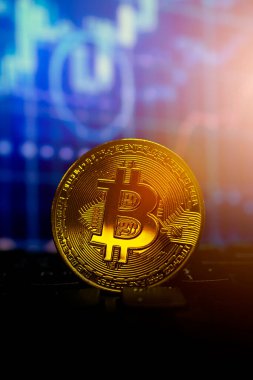 Bitcoin altın sikke klavye ve grafikte yumuşak odaklı ve arka planda ışık üzerinde. şifreleme para birimi kavramı.
