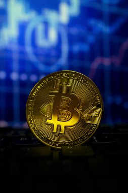 Bitcoin altın sikke klavye ve grafikte yumuşak odaklı ve arka planda ışık üzerinde. şifreleme para birimi kavramı.