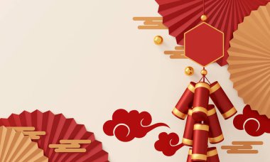 Mutlu Çin Yeni Yıl Afişi Tasarımı. Metin için boşluk. 3B illüstrasyon