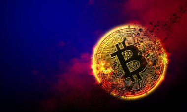 Kırmızı dumanlı arka planda yanan altın bitcoin. şifreleme para birimi kavramı