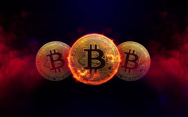 Kırmızı dumanlı arka planda yanan altın bitcoin. şifreleme para birimi kavramı