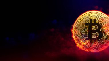 Kırmızı dumanlı arka planda yanan altın bitcoin. şifreleme para birimi kavramı