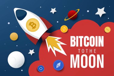 Ay 'a Bitcoin. Kripto para birimi konsepti. vektör illüstrasyonu