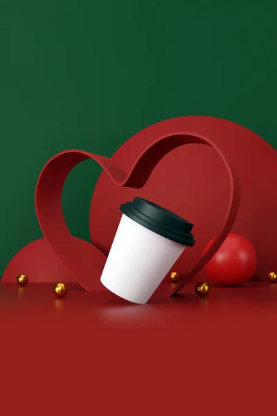 Valentine Day Concept White Cup Coffee Green Red Background Illustration — Φωτογραφία Αρχείου
