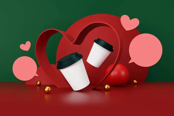 love coffee concept. white cup of coffee on green and red background. 3D illustration