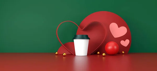 Concept Café Amour Tasse Blanche Café Sur Fond Vert Rouge — Photo