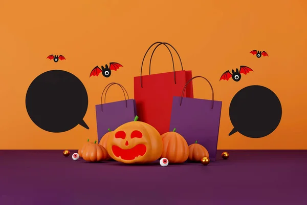 Halloween Verkauf Banner Design Halloween Kürbisse Und Einkaufstasche Auf Orangefarbenem — Stockfoto