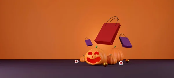 Halloween Verkoop Banner Ontwerp Halloween Pompoenen Boodschappentas Oranje Achtergrond Voor — Stockfoto