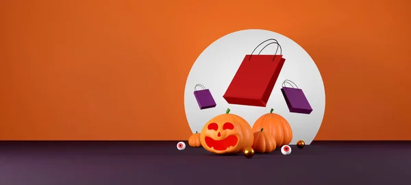 Halloween Verkoop Banner Ontwerp Halloween Pompoenen Boodschappentas Oranje Achtergrond Voor — Stockfoto