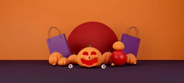 Halloween Venta Banner Diseño Calabazas Halloween Bolsa Compras Fondo Naranja — Foto de Stock