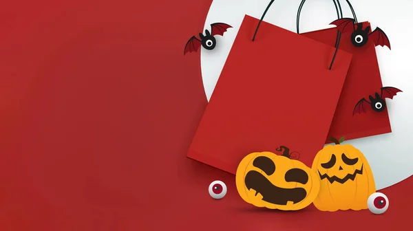 Halloween Verkauf Banner Design Halloween Kürbisse Und Einkaufstasche Auf Orangefarbenem — Stockfoto