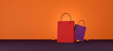 Kırmızı alışveriş çantası turuncu arka planda. Satış afişi tasarımı. 3d illüstrasyon