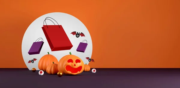 Halloween Verkauf Banner Design Halloween Kürbisse Und Einkaufstasche Auf Orangefarbenem — Stockfoto