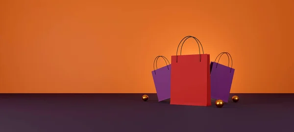 红色购物袋 橙色背景 销售横幅设计 3D说明 — 图库照片
