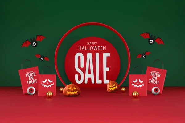 Halloween Försäljning Banner Design Halloween Pumpor Och Shoppingväska Orange Och — Stockfoto