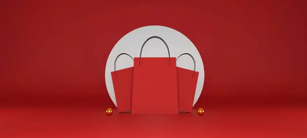 Červená Nákupní Taška Červeném Pozadí Prodejní Banner Design Ilustrace — Stock fotografie