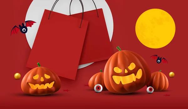 Halloween Venta Banner Diseño Calabazas Halloween Bolsa Compras Sobre Fondo —  Fotos de Stock