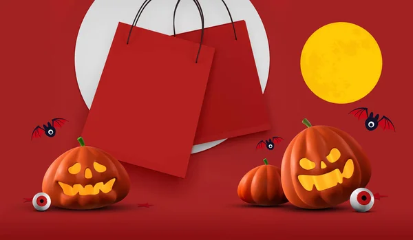 Halloween Venta Banner Diseño Calabazas Halloween Bolsa Compras Sobre Fondo —  Fotos de Stock