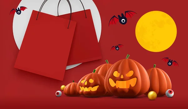 Halloween Venda Banner Design Halloween Abóboras Saco Compras Fundo Laranja — Fotografia de Stock
