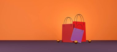 Kırmızı alışveriş çantası turuncu arka planda. Satış afişi tasarımı. 3d illüstrasyon