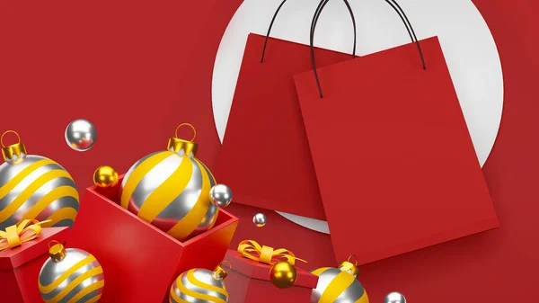 メリークリスマスと幸せな新年のコンセプト 赤い背景の赤いショッピングバッグ 販売バナーのデザイン 3Dイラスト — ストック写真