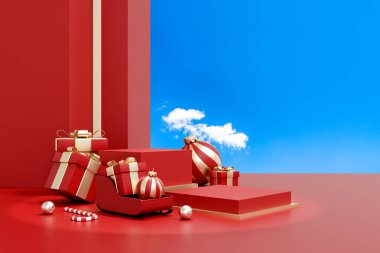 3D Noel hediyesi podyumu ve kızağı mavi gökyüzü arka planına göre ayarlandı. Tatil teslimatı, seyahat, fantezi ve ürün reklamı kavramı