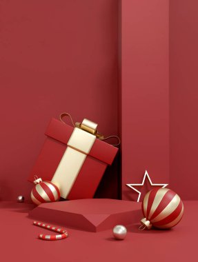 Üç boyutlu, lüks noel sahnesi podyumları ve özel kırmızı arka planda altın hediye kutuları. Kozmetik, mücevher ve kış satışları için şık tatil ürünleri sergisi.