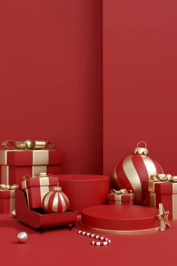 Üç boyutlu, lüks noel sahnesi podyumları ve özel kırmızı arka planda altın hediye kutuları. Kozmetik, mücevher ve kış satışları için şık tatil ürünleri sergisi.