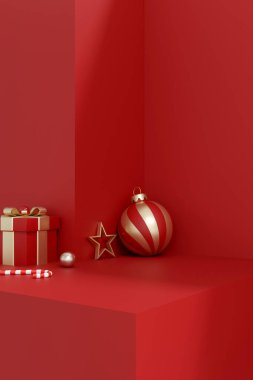 Üç boyutlu, lüks noel sahnesi podyumları ve özel kırmızı arka planda altın hediye kutuları. Kozmetik, mücevher ve kış satışları için şık tatil ürünleri sergisi.