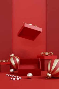 Kırmızı arka planda üç boyutlu noel hediyesi kutusu açılıyor. Mobil reklamlar için dikey hikaye boyutu şablonu, boks, ürün tanıtımı, ortaya çıkarma ve tatil promosyonu.