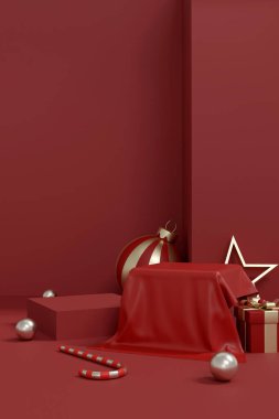 3D rendering of a red Christmas podium covered by fabric, with gifts and ornaments. Suitable for a festive holiday background and product display.	