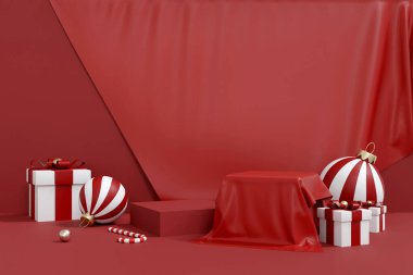 3D rendering of a red Christmas podium covered by fabric, with gifts and ornaments. Suitable for a festive holiday background and product display.	