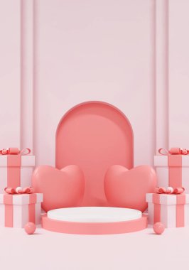 Eğri duvarlı ve ürün platformlu yumuşak pastel pembe bir sahne. Tatlı aşkı, güzellik ürünlerini ya da ince satış kampanyalarını kutlamak için mükemmel 3D arka plan