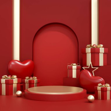 Romantik pembe kalpler ve kemer arkaplanlı canlı kırmızı bir sahne. Lüks 3D podyum. Özel hediyeler, mücevherler ya da tutkulu e-ticaret reklamları..