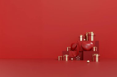 Tutkulu bir sevgililer günü için tek renkli kırmızı bir sahne. e-ticaret ürünü tanıtımı ya da aşk ve romantizm afişleri için mükemmel 3D hazırlama.