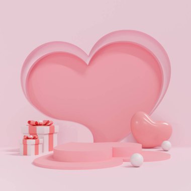 yumuşak ve tatlı pastel pembe sahne nazik bir sevgililer günü için. Kozmetik ürünleri, bebek ürünleri veya sevimli romantik hediyeler sergilemek için kadınsı 3D sahne.