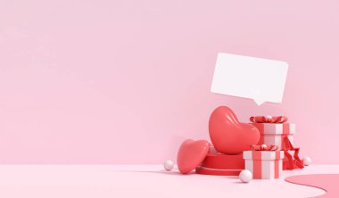 3D renkte sevgililer günü arkaplanı, yüzen pembe hediyeler ve pastel monokromatik arka planda kalpler. yumuşak romantik tasarım geniş ticari afiş için.