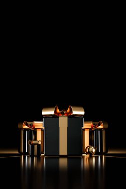 Üç boyutlu siyah ve altın renkli hediye kutuları koyu arka planda, Kara Cuma için mükemmel, lüks promosyonlar ve özel kutlamalar