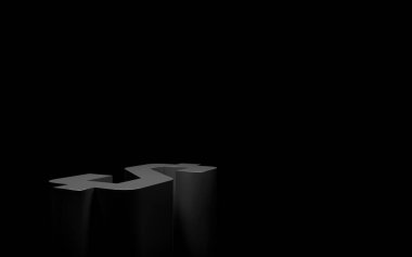 Karanlık bir sahnede koyu siyah metnin soyut üç boyutlu canlandırması. Finansal strateji, fintech, yatırım ve dijital dönüşümü minimalist tarzda sembolize eder