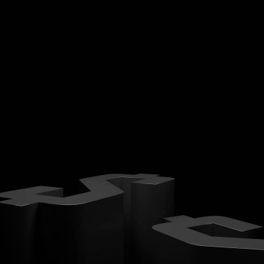 Karanlık bir arkaplan karşısında koyu siyah metin ve minimalist geometrik şekillerin soyut üç boyutlu canlandırması. İş odaklarını, güçlü stratejileri ve modern kurumsal iletişimi sembolize eder