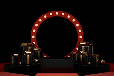 Lüks Kara Cuma tanıtım sahnesi, siyah hediye kutuları, altın kurdeleler ve koyu arkaplanda parlayan dairesel çerçeve. 3B illüstrasyon