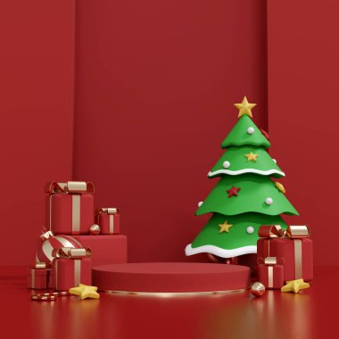 Xmas ağacı ve hediyeleriyle ürün sunumu için boş silindir aşaması. Kırmızı stüdyo sahnesinde altın yıldızlı tatil arkaplanı.