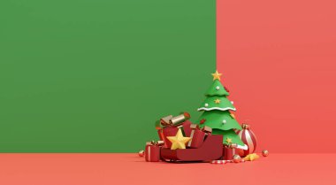 3D Noel Baba kızağı, hediyeler ve çam ağacı olan bayram sahnesi. Noel teslimatı konsepti veya satış tanıtımı için iki ton renk arkaplanı.