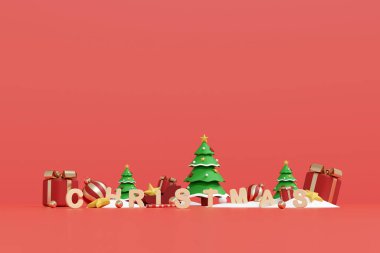 İçinde 3D Noel mektupları, çam ağaçları ve karda hediye kutuları olan bayram afişi. Yeni yıl kutlamaları için kırmızı stüdyo arka planı.