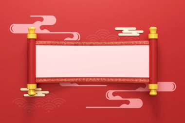 Üç boyutlu altın sikkeler, külçeler ve kırmızı zemin üzerindeki hediye kutularıyla çevrili, özel metin için boş bir kırmızı parşömen içeren Ay Yeni Yılı arkaplanı. Çince 