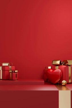 Romantic red podium for product display with 3D hearts and gifts. Perfect for Valentine's Day social media marketing, ads and seasonal sales.