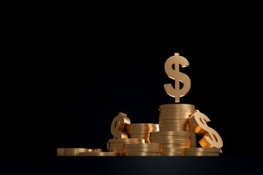 Altın sikkeler, dolar sembolleri, faiz oranları ve kar, büyüme ve geri dönüş gösteren yukarı ok ile Finansal yatırım kavramının 3 boyutlu yorumlanması